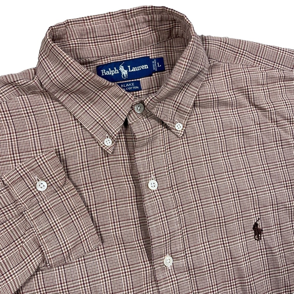 Ralph Lauren Shirt Men Large Brown Houndstooth Plaid Button Up Blake Dress A48